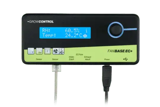 Growcontrol FanBase - a black and green electronic device with a blue screen and a blue and white display