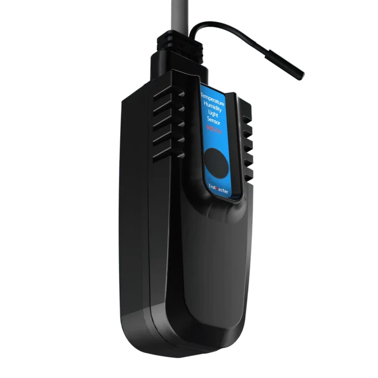 Trolmaster MBS-TH 3-in-1 Temp Humidity Sensora black device with a blue and white button